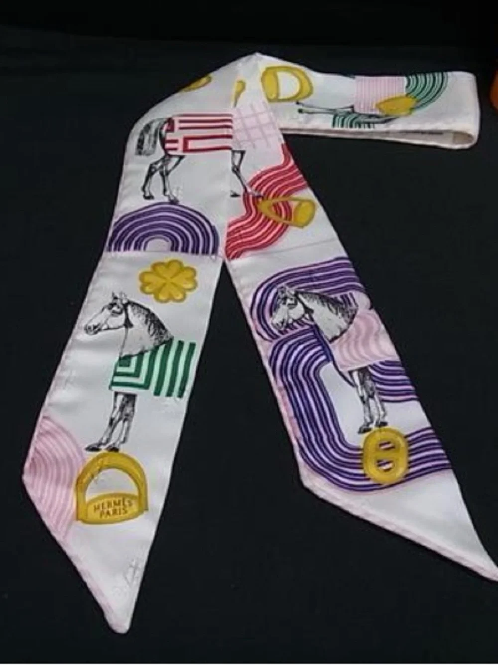 HERMES Garde Robe Pop Twilly 100% Silk Ribbon Scart White x Multicolor